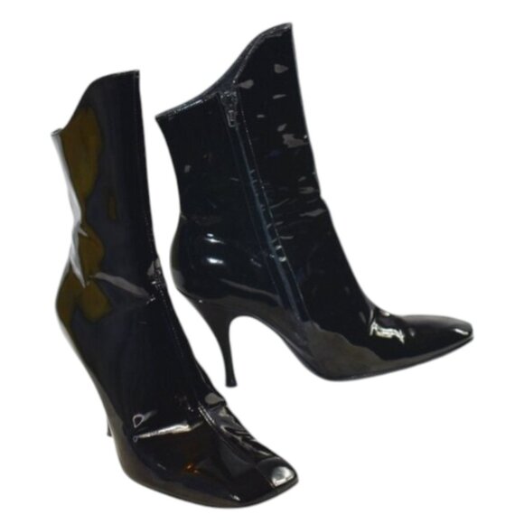Dora Teymur Black Patent Leather Square Toe Stiletto Ankle Boot, Size 38 - Picture 3 of 8